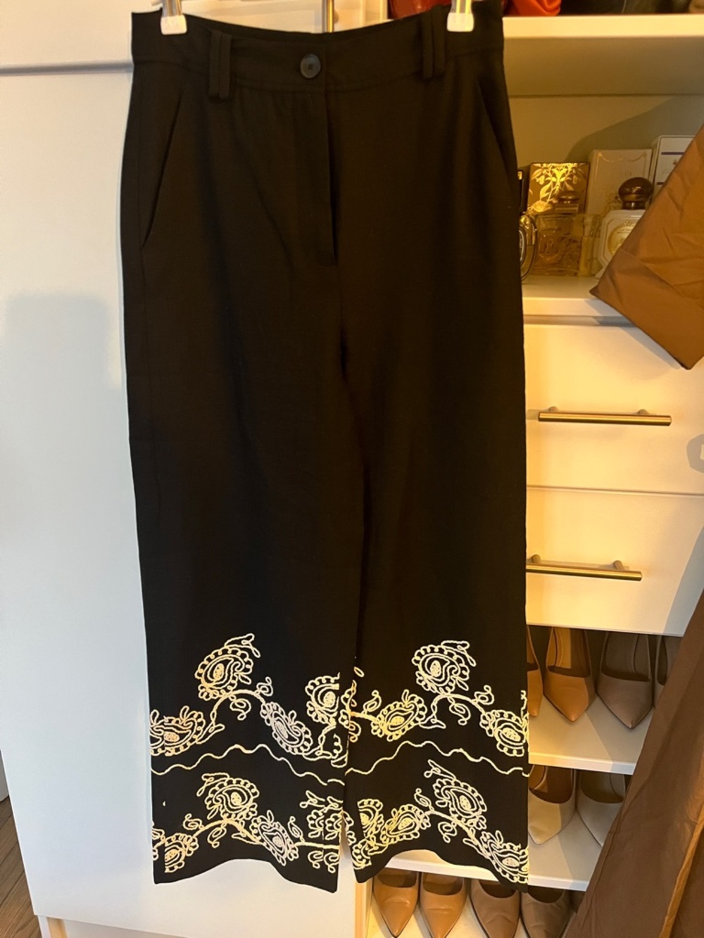 Black Wide-Leg Pants with White Paisley Hem